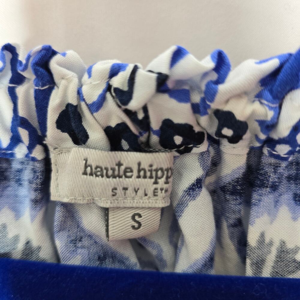 Haute Hippie Blue White Batik Print Off Shoulder Crop Blouse Top Size Small - Picture 2 of 7
